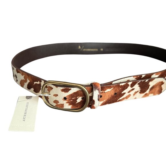 Anthropologie Cowhide Belt Leather Gold Buckle Brown & White Size 1X NWT
